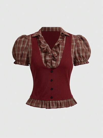 Goth Camicia/top da donna vintage con motivo scozzese gotico, stile college, 2 in 1 a maniche corte