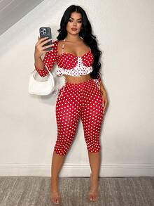 SHEIN SXY Valentine's Day Red Polka Dot Sexy Ruffle Hem 3/4 Pants Set,Spring ,Date ,Going Out ,Sexy ,Club  ,Spring ,Summer