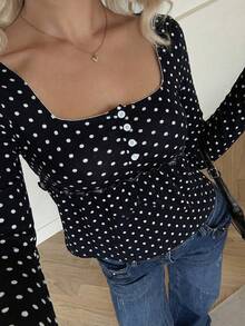 SHEIN EZwear 女士白色波点修身长袖T恤 - 黑色 - 查看 1