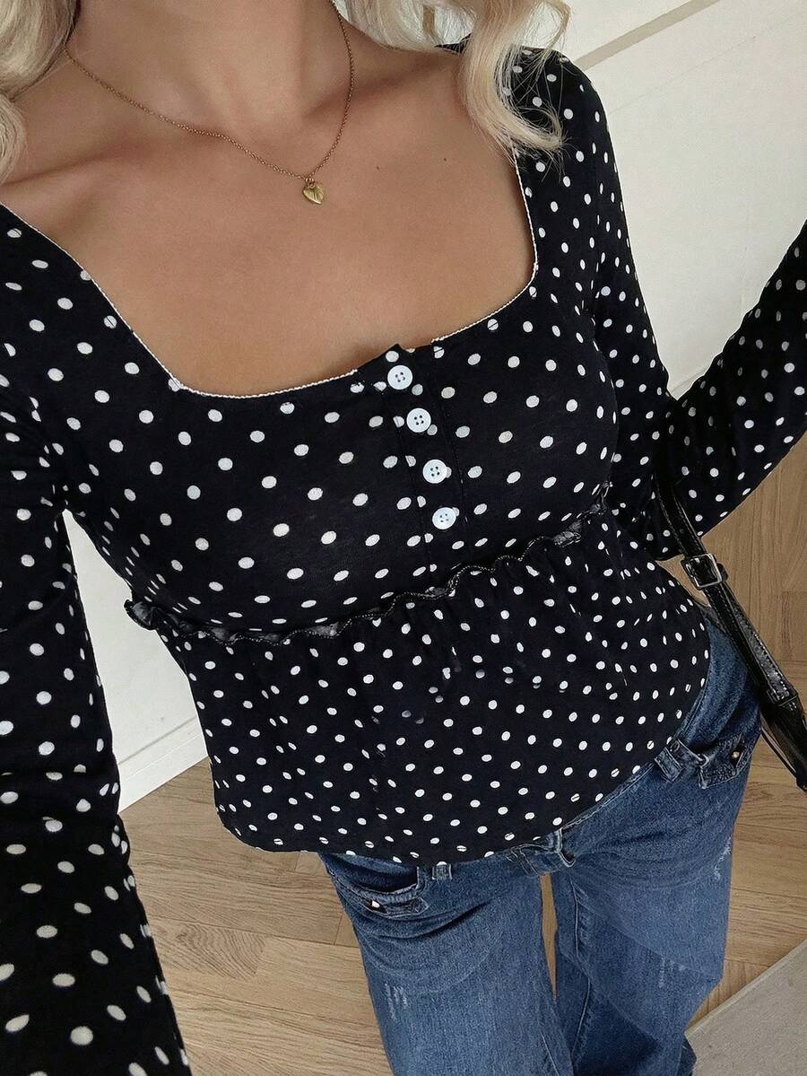 SHEIN EZwear 女士白色波点修身长袖T恤 - 黑色 - 查看 1