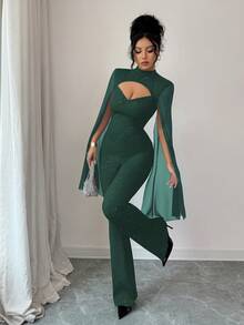 SHEIN Elenzya 女士闪亮时尚蝙蝠袖连体裤 - 墨綠色 - 查看 3