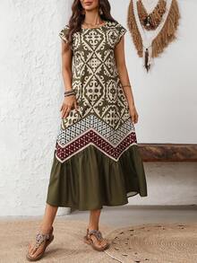 EMERY ROSE Women's Round Neck Geometric Print Casual Party Dress With Cap Sleeves Casual Dresses For Women Boho  Vacation Dresses - Dark Green - View 1