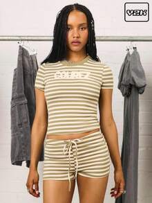 COUREZ Short Sleeve Stripe T-Shirt With Brand Applique /Y2K Women Cute Tops Going Out Graphic Tees Stripes - Green - View 1