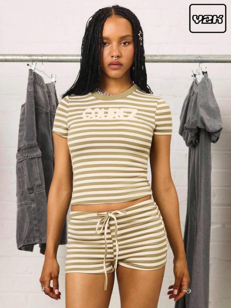 COUREZ Short Sleeve Stripe T-Shirt With Brand Applique /Y2K Women Cute Tops Going Out Graphic Tees Stripes - Green - View 1