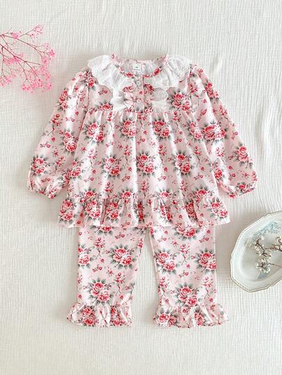 2pcs Girls Toddler Cute Ditsy Floral Casual Loose Comfortable Elegant Pajama Set, Blue Ruffle Pajamas Cherry Kids Outfit Floral Pajama Set 2pcs Set Toddler Girls Cute Vintage Style Flower Girl Pajamas