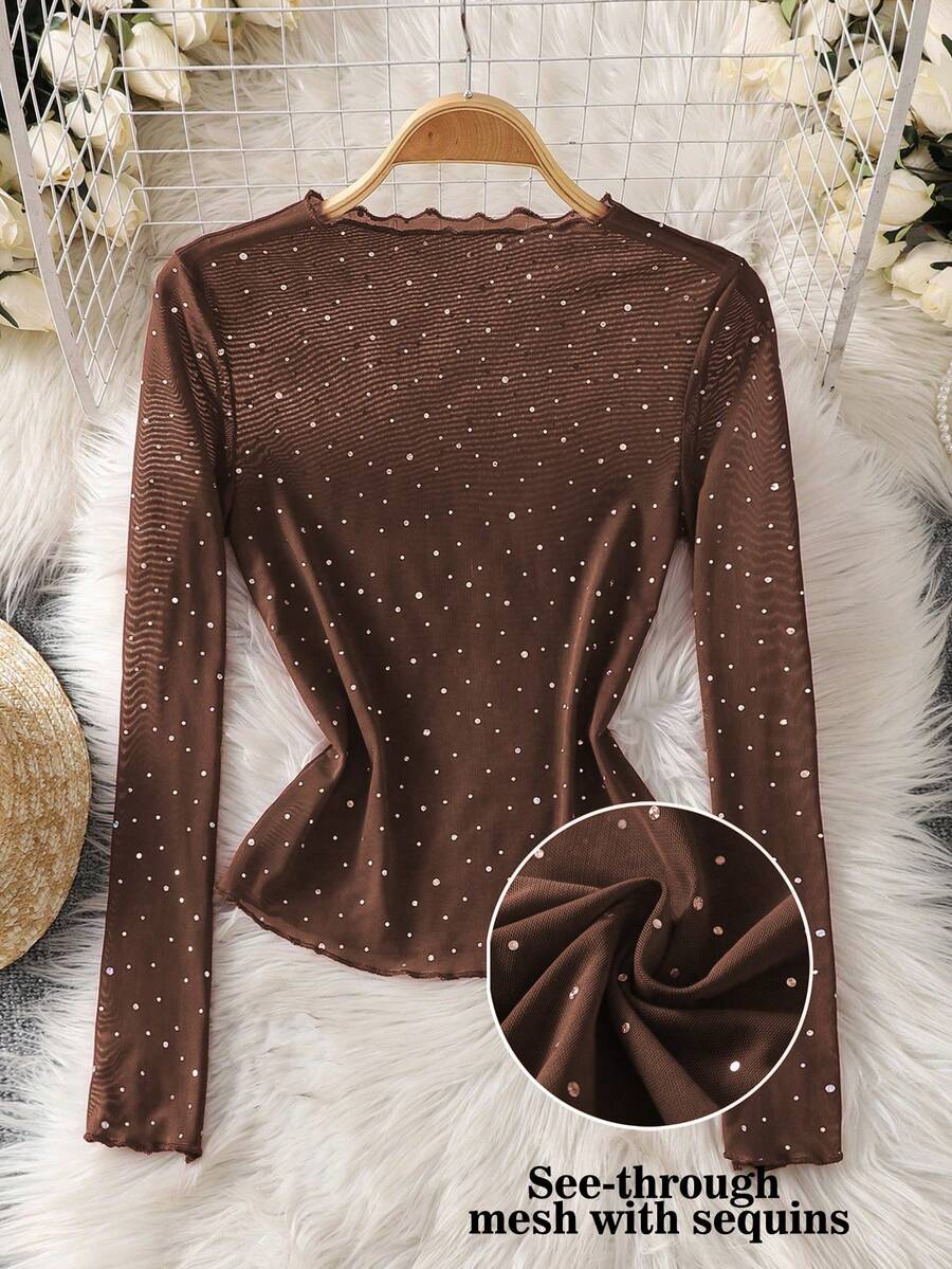 GlowEve Sheer Sequin Mesh Long Sleeve Women Top - Coffee Brown - View 1