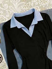 Glimmora Women's Casual Contrast Striped Waist Long Sleeve T-Shirt - Black - View 4