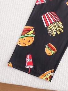 SHEIN 青少年男孩趣味食物图案印花长袖上衣和裤子休闲两件套睡衣 - 黑色 - 查看 3