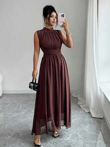 Elenzga Đầm maxi không tay bằng chiffon thanh lịch, thoải mái dành cho nữ, thắt eo, thích hợp cho công sở, kỳ nghỉ, tiệc trà chiều, tiệc tùng, màu trơn, phong cách lãng mạn Pháp Sicilia, năm mới. - màu nâu - Xem 4