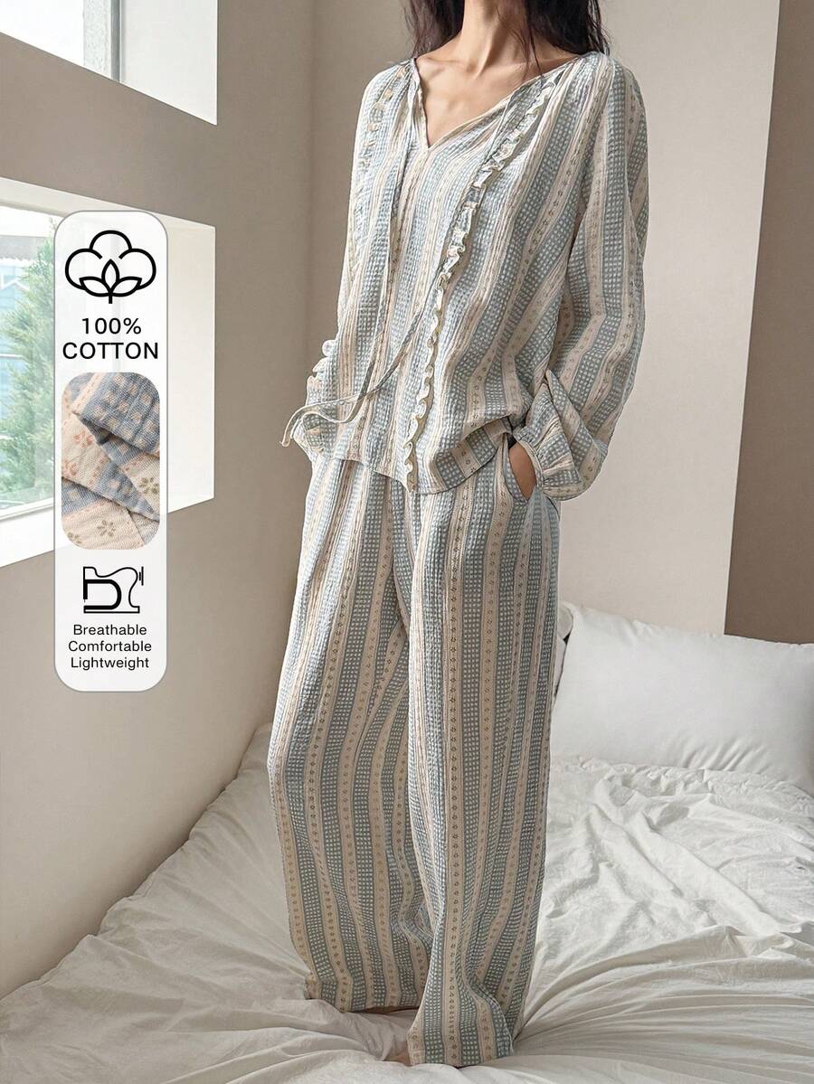 DAZY Sweet Plaid Frill Trim Loose Lantern Sleeve Women Pajama Set - Apricot - View 1