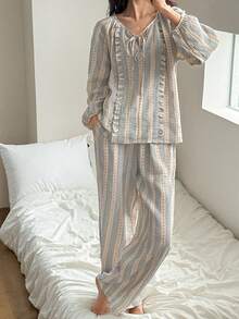 DAZY Sweet Plaid Frill Trim Loose Lantern Sleeve Women Pajama Set - Apricot - View 7