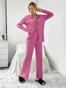 EURMUSE Set de 2 piezas de pijama con cárdigan acanalado de color contrastante - Rosa - Ver 5