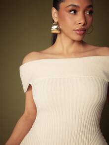 Vixey Fold Over Off Shoulder Asymmetrical Peplum Hem Sweater Top - Apricot - View 5