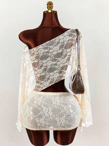 Amplova Romantic Boho New Lace Sheer Asymmetric Shoulder Cover Up Top & Tie-Up Mini Skirt 2-Piece Set For Women - Apricot - View 2