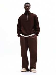 SUMWON 男士半拉链高领套头卫衣，宽松版型，休闲长袖，秋冬款，带刺绣Logo，纯色 - 棕色 - 查看 6