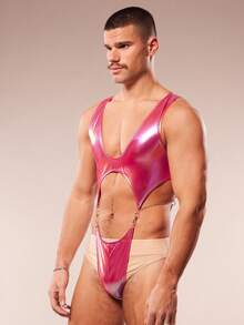 FeverCity Men's Solid Color Hollow-Out Metal Decor Jumpsuit - Pink - View 4