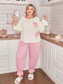 Slumberry CURVE Plus Size Women Cute Bow Decor Flare Sleeve Pajama Set Plus Size Pajama Set Plus Size Loungewear Set Curvy Pajama Sets Plus Size Sleepwear Set Pajamas Plus Size Set Sleep Wear Women 2 Piece Set Pink Pajama Set Pajama Pants 2 Piece Set Bowknot Pajamas Ruffle Trim Pajamas Pink Pj Set Pjs Bridal Pj Set - Multicolor - View 1
