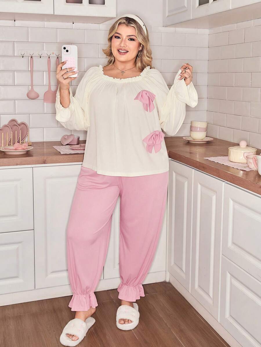Slumberry CURVE Plus Size Women Cute Bow Decor Flare Sleeve Pajama Set Plus Size Pajama Set Plus Size Loungewear Set Curvy Pajama Sets Plus Size Sleepwear Set Pajamas Plus Size Set Sleep Wear Women 2 Piece Set Pink Pajama Set Pajama Pants 2 Piece Set Bowknot Pajamas Ruffle Trim Pajamas Pink Pj Set Pjs Bridal Pj Set - Multicolor - View 1