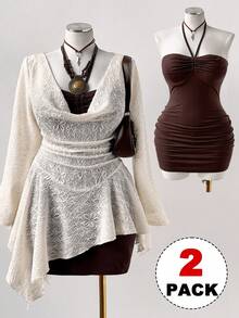 Sunspun 休闲优雅性感简约提花3D花卉垂褶领口不对称荷叶边下摆系带蝴蝶结修身咖啡棕色连衣裙，适合约会和聚会，女士两件套 - 彩色 - 查看 1