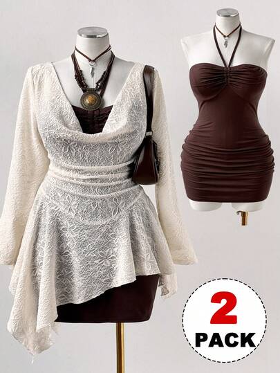 Sunspun Casual Elegant Sexy Minimalist Jacquard 3D Floral Draped Neck Asymmetric Ruffle Hem Tie Bow Shirred Slim Fit Coffee Brown Dress, Suitable For Dates And Gatherings, 2-Piece Set For Women