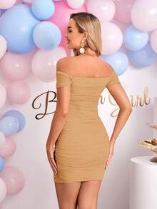 Loomaby Maternity Solid Color Off Shoulder Short Sleeve Ruched Fitted Fashionable Dress - Khaki - View 2