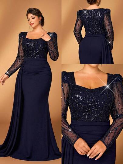 Serin Plus Size Elegant Luxurious Navy Blue Sequin Embroidered Patchwork Elastic Knit Asymmetric Neck Long Sleeve Ruched Patchwork Hem Mermaid Hem Dress, Suitable For Evening Party, Singles Party, Date, Ball, Vacation, Wedding, Bride Mother, Guest Dress, Valentine's Day