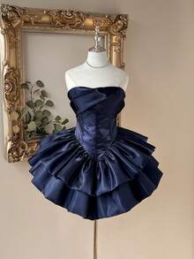 Lovelzi Luxurious, Elegant, Noble White Satin Shiny Strapless Waist-Cinched Double-Layer Cake Skirt Dress, Suitable For Singles Party, Wedding, Graduation, Vacation, Prom