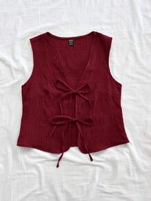 Soleia 休闲度假、西部海滩、婚礼宾客着装、毕业典礼、早午餐、圣帕特里克节、春假、复活节、音乐节、优雅波西米亚风、热带风情纹理面料蝴蝶结系带红色吊带背心，春夏 - 酒紅色 - 查看 3