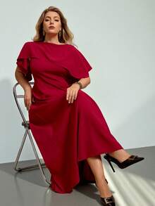 Auralis Elegant V-Neck Long Sleeve Fitted Maxi A-Line Dress, Suitable For Concerts, Performances, Dates, Formal Dinners, New Year Parties, Sexy, Commuting, Romantic, Office Wear, Mermaid Style, Birthday Party, Red Dress For Women/New Year's New Red Plus Size Round Neck Irregular Cap Sleeve Cape Faux Two-Piece Waist-Defining A-Line High Slit Plus Size Dress / Elegant And Dignified / Valentine's Day Burgundy Dress / Romantic Date / Sophisticated Outfit / Everyday Outfit / Influencer Style - Red - View 7