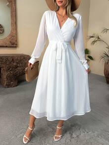 EURMUSE Wrap Neckline Long Sleeve Midi Dress - White - View 3