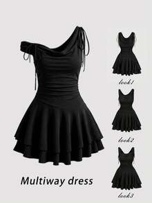 SHEIN MOD 大码女式简约修身 A 字型不对称下摆迷你连衣裙、百搭户外连衣裙、优雅派对连衣裙 - 黑色 - 查看 7