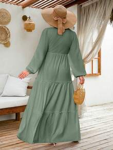 EURMUSE 灯笼长袖叠层长裙 - Light Green - View 2
