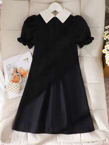 Spring/Summer New Style Girls' Black Collar Short Sleeve Dress, Decorated With 5 Dimensional Flowers On The Chest, Adding Childlike Charm And Cuteness, Overall Sweet And Elegant Style, A-Line Skirt Design For Dynamic And Lively Look, Suitable For Daily Outings, Performances, Gatherings, Etc. 3d Flowers Dress Black And White Kids Dress Daisy Dress Toddler Girl Clothing Girl Dress 3d Floral Girls Dresses Black Dresses For Girls Kids Uniform Dresses Girls Collared Dress - Black - View 2