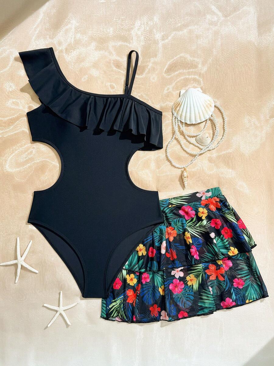 SHEIN 2件套少女荷叶边连体泳衣/热带印花裙 - 黑色 - 查看 1