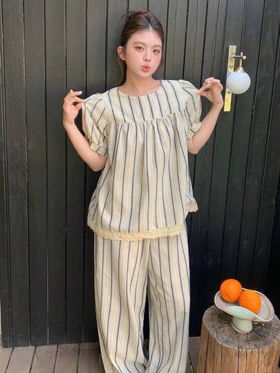 Dazy Plus 大码女式休闲条纹圆领撞色蕾丝宽松直筒裤睡衣套装，可爱春夏家居服