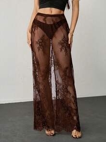 SHEIN Tall Y2K 女士黑色夏季时尚性感透视蕾丝超长百搭半身裙 - 棕色 - 查看 6