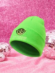 THE POWERPUFF GIRLS X SHEIN 1pc Knitted Beanie Hat With Cartoon Embroidery Pattern, Fashionable Street Riding Gift Choice - A - View 4