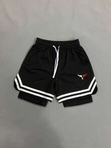 Sport MetroGents 男士公牛印花抽绳腰双层运动短裤 - 黑色 - 查看 3