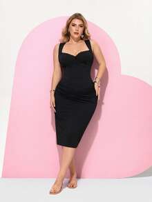 Hourglow Vestido elegante de talla grande para mujer con unicolor, encaje de contraste, volantes ajustados y sin mangas, para figura de reloj de arena y de reloj de arena, para Año Nuevo 2026/Día de San Valentín - Negro - Ver 4