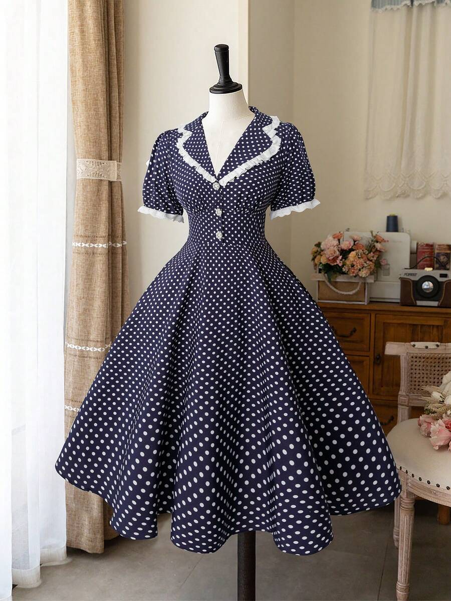 Sweetra Fashionable French Vacation Polka Dot V-Neck Short Sleeve Waist Cinched Dress - Navy Blue - View 1