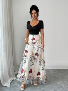 SHEIN Elenzya 优雅网纱撞色连衣裙，夏季刺绣网纱连衣裙，女士长裙，夏季吊带连衣裙，女士春季连衣裙，女士度假连衣裙，也适合作为婚礼宾客礼服、优雅连衣裙或乡村音乐会服装。通勤休闲返校季教师工作连衣裙 - 彩色 - 查看 8