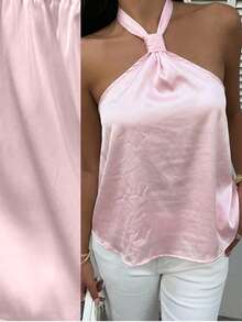 MainGRL Women's Satin Halter Neck Sleeveless Loose Elegant Blouse