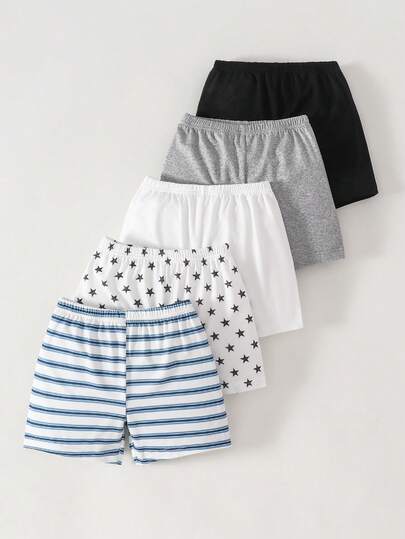 Baby Unisex Infant Toddler 0-3 Years Funny Friends Series 5-Piece Set, Solid Color, Striped, Star Pattern Shorts, Suitable For Daily Wear, Baby/Toddler Pants, Summer Shorts