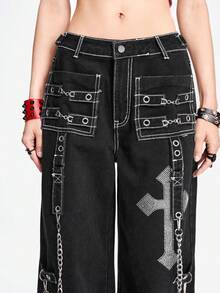 ROMWE Grunge Punk Celana Jeans Wanita Model Lebar dengan Hiasan Rantai Berlian Imitasi dan Salib - Hitam dan Putih - View 6