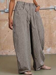 COUREZ Unisex Women Men Low Rise Baggy Barrell Fit Check Trousers Cotton - Coffee Brown - View 5