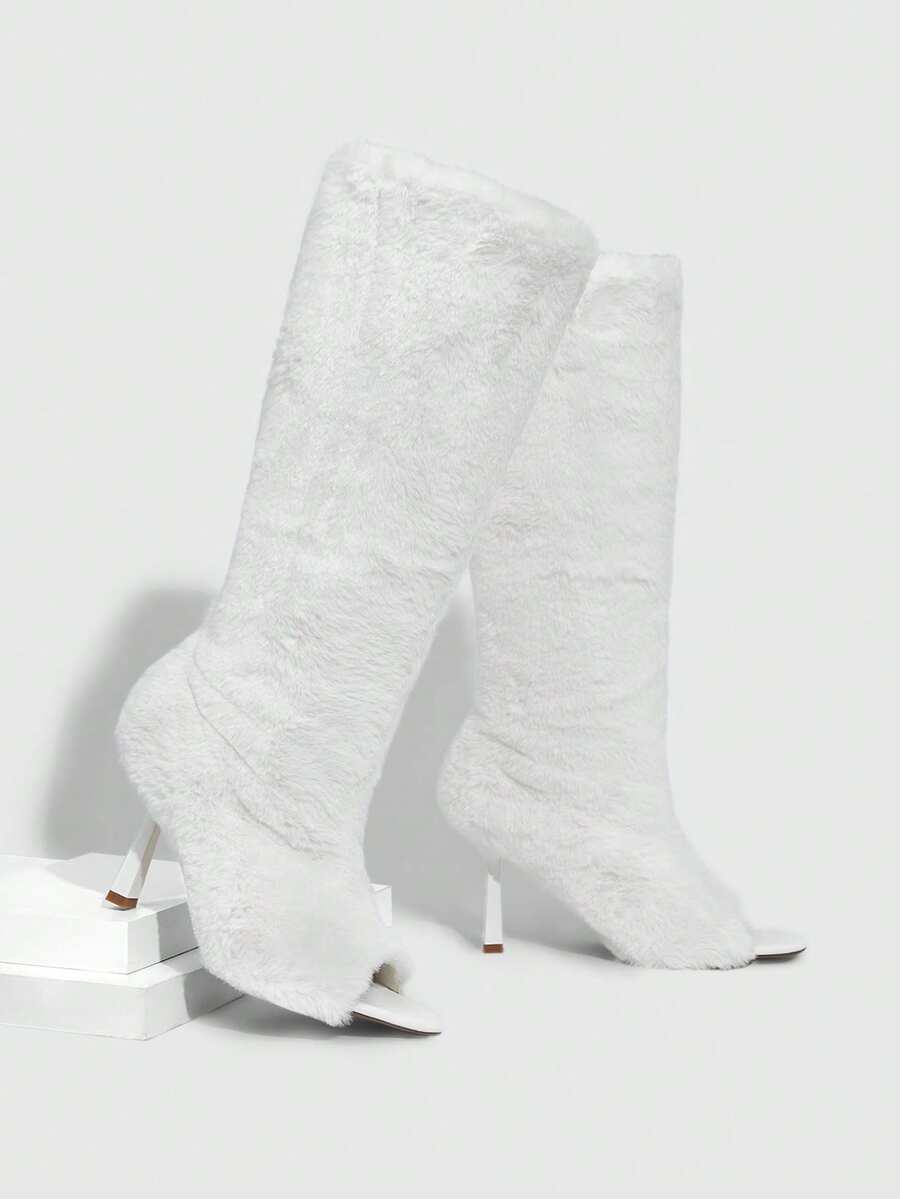 CUCCOO SZL 女士时尚毛绒露趾高跟过膝长靴 情人节 - 白色 - 查看 1