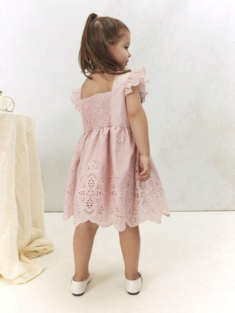 Flutter Sleeve Broderie Dress With Eyelet Detail