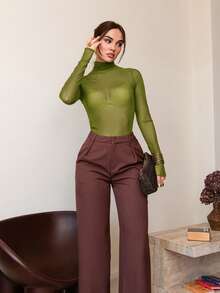 Bris Aura Stockholm Style, Women's Autumn Fashion, High Collar Turtleneck Top, Elegant Autumn/Winter Mesh Long Sleeve Business Casual Women's Basic Top - Green - View 4