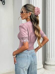 Serisse Women's Contrast Lace Deep V-Neck Puff Sleeve Fitted Blouse - Dusty Pink - View 2