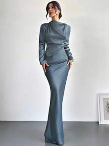 Firerie Women's Elegant Office Commute Blue Satin Long Sleeve Pleated Collar Irregular Hem Blouse And High Waist Pleated Maxi Skirt Set, Romantic, Date, Party, Wedding Season, Graduation Dress, Formal Ball - Blue - View 10